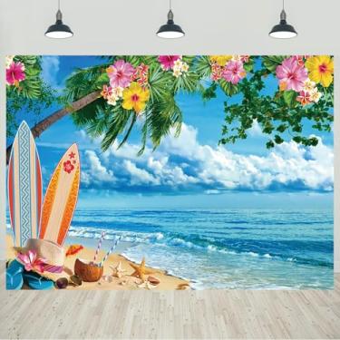 Imagem de 3 x 2,4 m de fundo de praia havaiana de verão tropical praia azul oceano folhas de palmeira floral prancha de surf à beira-mar fotografia fundo para Havaí Luau Aloha decoração de festa tema banner