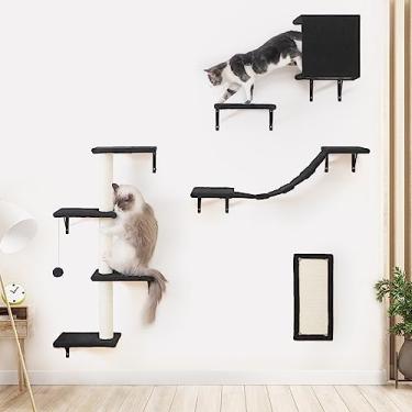 Imagem de Móveis modernos para gatos montados na parede - 5 peças de prateleiras de parede para gatos, escalador de madeira estável com casa de gato, ponte, árvore, degraus e arranhador - preto