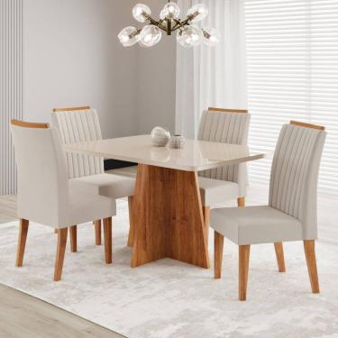 Imagem de Conjunto Sala de Jantar 120 X 77,8cm Tampo com Vidro e 4 Cadeiras Tannat Mel/Off White/Bege