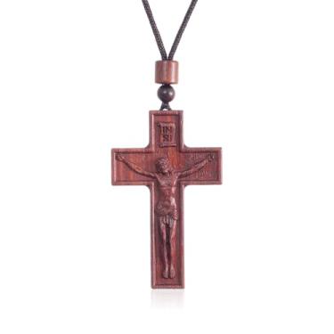Imagem de KOMI Colar com cruz crucifixo de Jesus para homens e mulheres, madeira natural, INRI, colar com pingente de cruz de Jesus Cristo, joias religiosas, presentes católicos