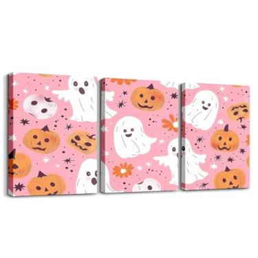 Imagem de jejeloiu Decoração de Halloween infantil arte de parede em tela para sala de estar quarto abóboras imagem decoração de parede para banheiro desenho animado fantasma meninos meninas arte pôsteres