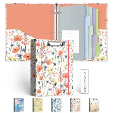 Imagem de Mini organizador de fichário, fichário de 3 anéis de 2,5 cm com prancheta, divisórias de bolsos de 5 abas, pasta de plástico, 18 divisórias stikers, alça para caneta (tamanho flora, carta)