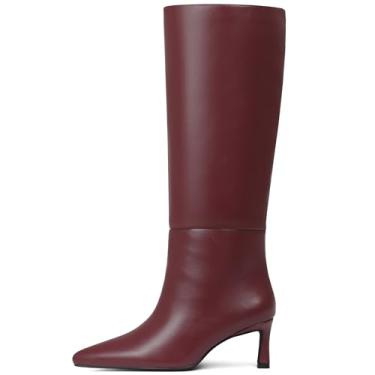 Imagem de Attiposh Botas de cano alto femininas salto gatinho largo bico fino camurça vestido moderno couro salto baixo botas altas sem cadarço, Borgonha, 35