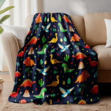 Imagem de WADORN Cobertor de dinossauros, aconchegante, macio, folhas de dinossauro, coqueiros, cobertor felpudo de flanela, presentes tropicais para escritório, sala de estar, sofá-cama, poltronas, 140 x 128
