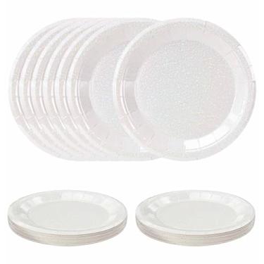 Imagem de SietDESEO Pratos de papel branco iridescente com 50 peças, pratos de sobremesa de 18 cm, prato descartável branco holográfico para festa de aniversário, jantar, casamento, chá de bebê, prato de bolo