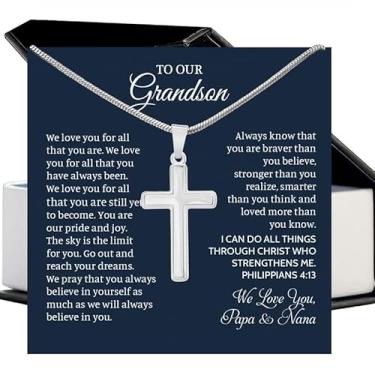 Imagem de SUTERY Colar To My Grandson da vovó, corrente cruzada com cartão de mensagem e caixa de presente, presente significativo para neto no aniversário ou Natal, Aço inoxidável, Sem Pedra Preciosa