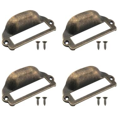Imagem de ZZLZX 4 peças de alças de bronze antigo de liga de zinco com 8 parafusos, alças de armário de arquivo de biblioteca de 8 x 3,9 x 5,7 x 1,4 cm, adequadas para armários de móveis de escritório e gavetas