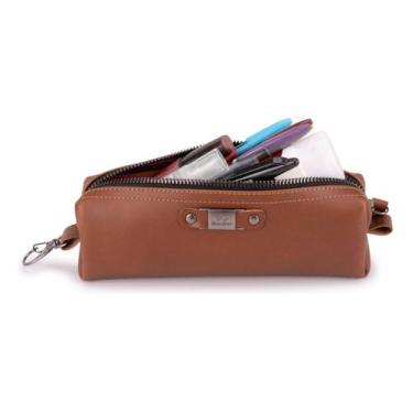 Imagem de Estojo Escolar Couro Legítimo Organizador Porta Caneta/lápis com zíper