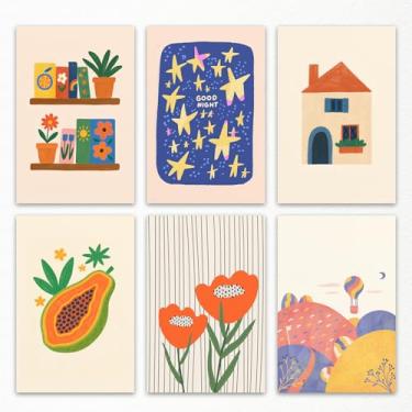 Imagem de 6 peças de arte de parede em tela colorida para berçário, livros aconchegantes e pôster infantil em casa, pintura azul com estrelas de boa noite, imagem de flor laranja brilhante para quarto de