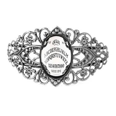 Imagem de Pulseira de placa Ouija de filigrana vitoriana, liga metálica ajustável, estilo gótico de Halloween, disponível em bronze antigo, prata, preto, 45-CB, Adjustable, Vidro, Sem Pedra Preciosa