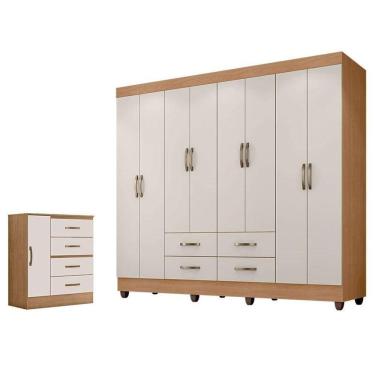 Imagem de Guarda Roupa Casal Porto Com Cômoda Lite 4 Gavetas 1 Porta Nature Off White - Móveis Leão