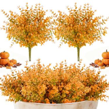 Imagem de RAINFLOW Flores artificiais de outono para atividades ao ar livre – 4 peças de mães falsas marrom-outono, hastes de eucalipto resistentes a UV para vaso em casa, Natal, festa de casamento, jardim