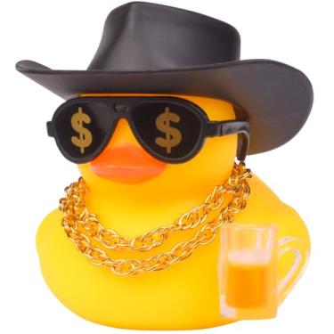 Imagem de CoFuBcad Decoração de painel de pato de borracha, decoração de pato amarelo de carro engraçado com colar de chapéu de caubói óculos de sol, mini instrumento para acessórios legais de carro