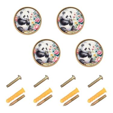 Imagem de Burbuja Maçanetas de armário de cozinha panda aquarela, pacote com 4, puxadores redondos de 3,5 cm, puxadores de cômoda com parafusos para armários de cozinha, quarto, armário