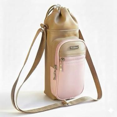 Imagem de Bolsa Térmica (BEGE COM ROSA) GALANTE para Garrafa de 1 LITRO em Couro Sintético - Coleção Cores VERÃO 2026