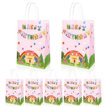 Imagem de 24 sacos de presente de porco rosa de desenho animado - 21 x 15 x 8 centímetros de espessura, sacos de festa de papel kraft com base reforçada, fácil montagem para aniversário infantil e chá de bebê