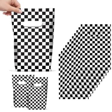 Imagem de 50 peças sacos de presente de plástico para carros de corrida sacos de presente xadrez decorações de festa de corrida em velocidade xadrez preto e branco guloseimas petiscos sacos de doces para carros