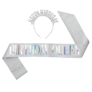 Imagem de Fun Express Conjunto de tiara de aniversário prata de 12,7 cm x 16 cm com faixa de glitter - 2 peças