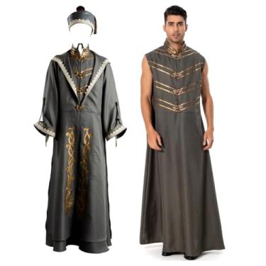 Imagem de Pacreck Fantasia de cosplay de bruxo de luxo para adultos, anime, masculino, roupão de feiticeiro, chapéu, capa para dramatização, traje de Halloween (cinza, 2GG)