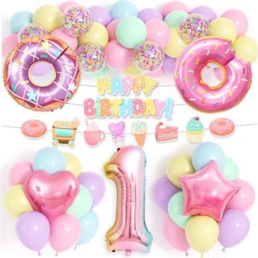 Imagem de ESAG Sweet One Decorações de festa de aniversário 1º aniversário menina, auto-projetado donut balões banner 81 cm rosa 1 balão estrela coração folha balão, sorvete, doces, donuts, suprimentos de