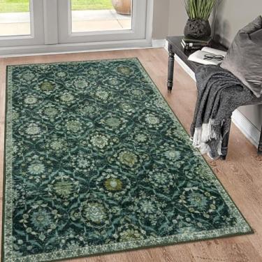 Imagem de KILOCOCO Tapete marroquino 7,5 x 12,5 cm lavável para sala de estar, tapete floral vintage, antiderrapante, tapete de entrada com detalhes de lã sintética para sala de jogos, escritório, verde escuro