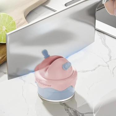 Imagem de Afiador de facas em forma de sorvete, amarelo creme, ranhura em V de cerâmica, faca portátil de 16,5 x 6,5 cm e afiador de tesoura com base antiderrapante, rodas de cerâmica, ferramenta rápida e fácil