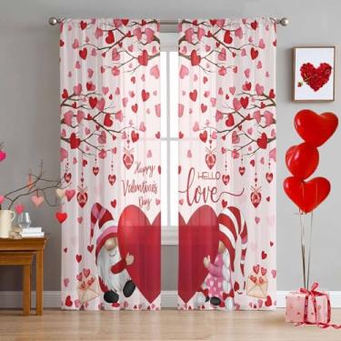 Imagem de Cortinas semitransparentes para o Dia dos Namorados, 153 cm de comprimento, painel de cortina de voile com filtro de luz, gnomo romântico, coração, árvore, vermelho, rosa, para quarto, sala de estar