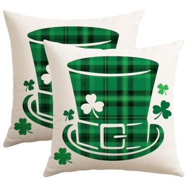 Imagem de Artscope Conjunto de 2 capas de almofada xadrez búfalo chapéu verde Dia de São Patrício 40,6 x 40,6 cm, fronhas de decoração de férias para sofá de casa
