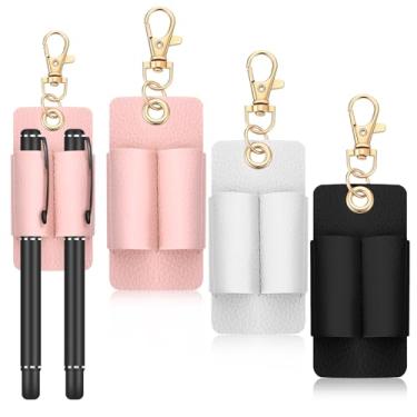 Imagem de 3 porta-canetas de couro genuíno com orifício duplo com chaveiro, cordão antiperda, suporte de caneta, acessório portátil de bolso para enfermeiras, mensageiros (preto, branco, rosa)