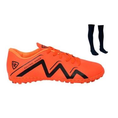 Imagem de Chuteira Society 1000 Costurado Adulto Novo Gramado Sintético + Meião 