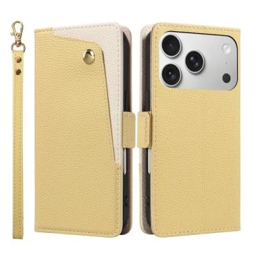Imagem de Genérico Capa de couro com espelho For iPhone 17/17 Air/17 Pro/17 Pro MAX, capa com tampa e pulseira, suporte dobrável e proteção tudo incluído (Yellow, 17)
