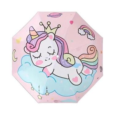 Imagem de Guarda-chuva Dobrável Automático Rosa Unicórnio Princesa Com Design De