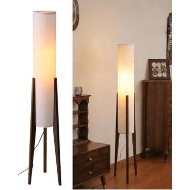 Imagem de WOSBO Wanlut Candeeiro de chão de tripé de madeira, lâmpadas de chão vintage de 124 cm de altura com abajur de tecido branco, luminária de chão moderna de meados do século para quarto, sala de estar