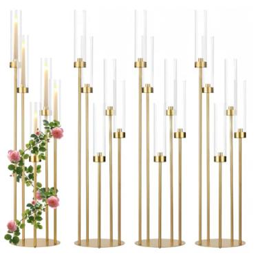 Imagem de 4 peças de centro de candelabro de chão para casamento, candelabro de acrílico alto, 5 braços, castiçais dourados para recepção de concertos de dia dos namorados, presentes de Páscoa, decorações de