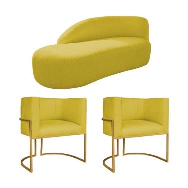 Imagem de Kit Divã Luna 140cm Lado Esquerdo E 02 Poltronas Base De Ferro Dourado Suede Amarelo