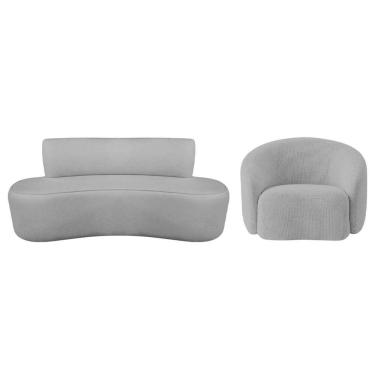 Imagem de Kit Recamier Curvo Amsterdã 180cm E Poltrona Amore Luxo Linho Cor Cinza Claro