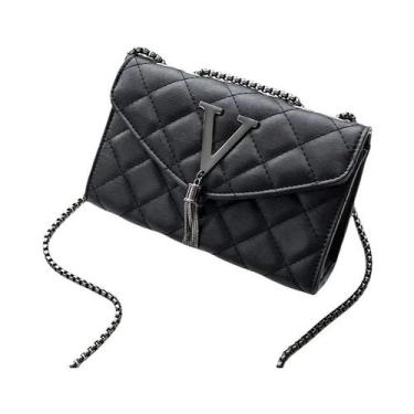 Imagem de Bolsa De Ombro Feminina Em Couro PU Preto Com Estampa Xadrez, Alça Tra