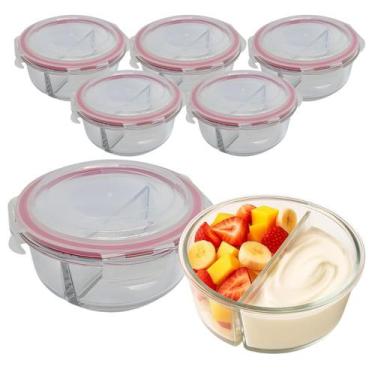 Imagem de Kit 5 Pote De Vidro Tampa Hermético Redondo Com Divisória Marmita Fit 