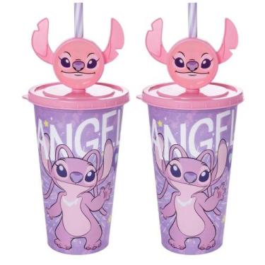 Imagem de 2 Copos Angel e Stitch Infantil com Canudo Decorado 500ml - Plasútil