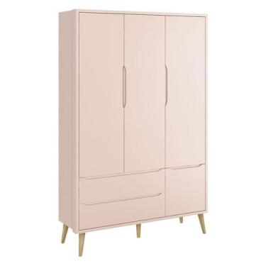 Imagem de Guarda Roupa Infantil Theo 3 Portas Rosa com Pés Madeira Natural  Rell