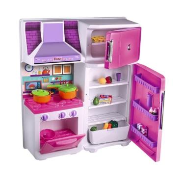 Imagem de Cozinha Infantil Rosa Fogão Forno Geladeira Coifa e Panelas com Acessórios de Brinquedo...