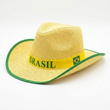 Imagem de Chapéu Cowboy Palha Sintética Fita Brasil Festa Bege