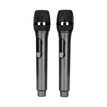 Imagem de 01 02 015 Microfone sem fio, 1 para 2 microfones sem fio, monitor de LED, microfone de karaokê para karaokê KTV, bar, festa, canto, reunião, casamento, conferência em casa (preto)