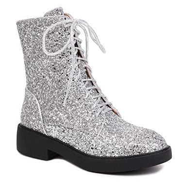 Imagem de YIYA Botas femininas de combate de lantejoulas com glitter, bico redondo, salto baixo grosso, zíper lateral, botins brilhantes, Prata, 40