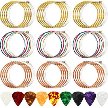 Imagem de 9 conjuntos de cordas de guitarra acústica de substituição de cordas de guitarra de aço (ouro, latão, multicolorido) com 9 peças palhetas de guitarra celuloide, 3 tamanhos para artistas iniciantes de guitarra acústica elétrica