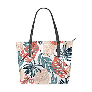 Imagem de Bolsa de ombro feminina sacola de couro para compras grande trabalho sem costura, estampa tropical, plantas brilhantes, bolsa casual