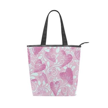 Imagem de Bolsa feminina de lona durável para dia dos namorados corações rosa grande capacidade sacola de compras bolsa de ombro
