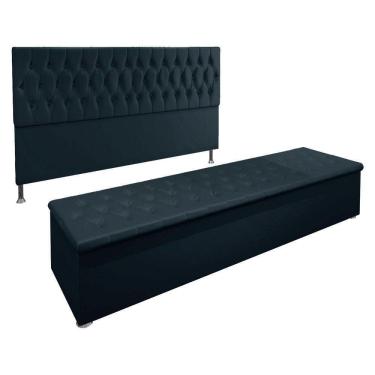 Imagem de Kit Cabeceira e Calçadeira Baú King 1,95m Madrid Suede Azul Marinho - Pallazio