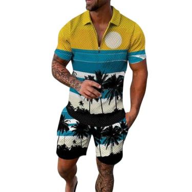 Imagem de Conjunto masculino de 2 peças, conjunto de camisa polo de manga curta e shorts para férias de verão para homens, P #_amarelo, G