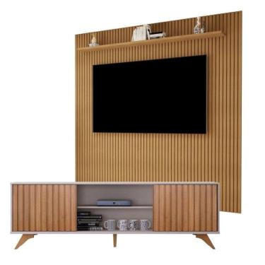 Imagem de Estante Home Suspenso Frisado Curitiba com Rack para Sala de Estar 2 Portas Deslizantes Manaus Cinamomo/Off White